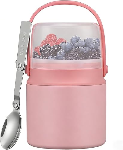 Tarro de comida aislado 2 en 1 con un recipiente para aperitivos, termo de sopa para niños de 15 onzas para comida caliente con asa y cuchara,