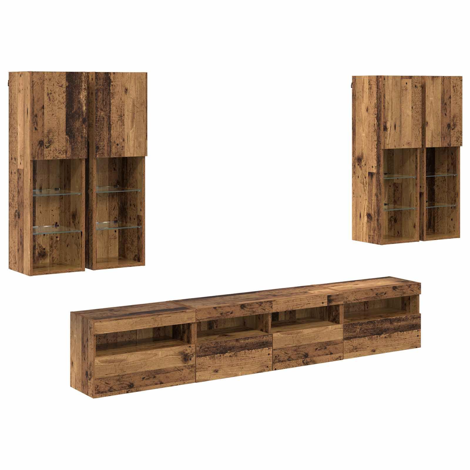 Mueble de pared para TV con luces LED, 7 piezas, aspecto de madera envejecida, 100 x 30 x 40 cm, diseño moderno para sala de estar, centro de entretenimiento