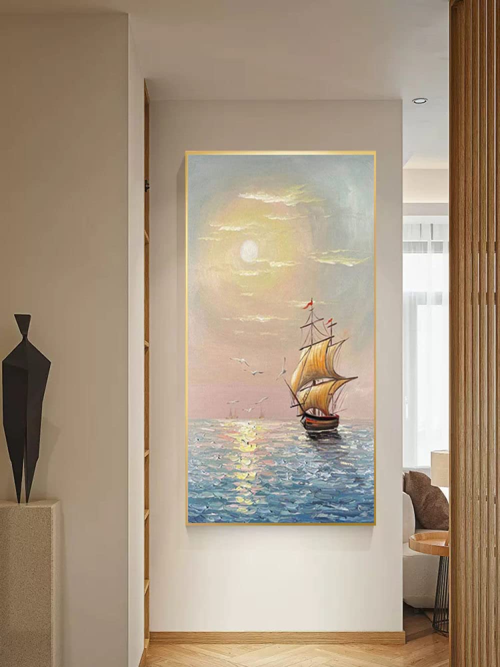 Peinture à l'huile paysage de voilier 3D fait main sur toile 30x60cm pour décoration salon