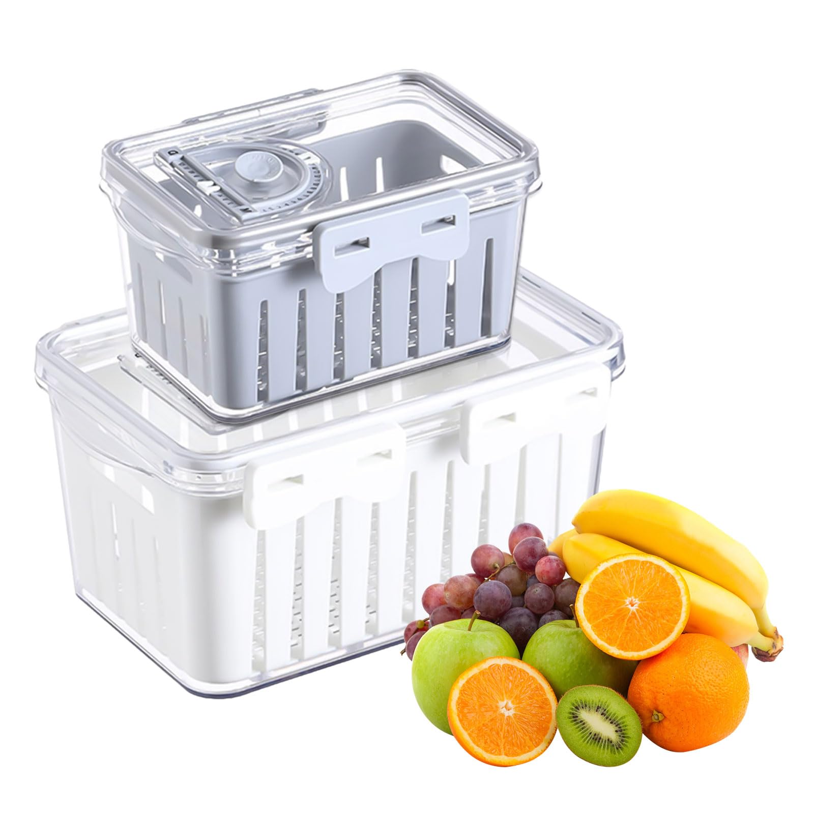 Bofanze 2 PCS Fresh Food Storage Containers for Fridge Clear Salad Fresh Container Fridge with Lids Fresh Food Containers with Drain Baskets with Vent Holes and Handle for Fruit and Vegetables