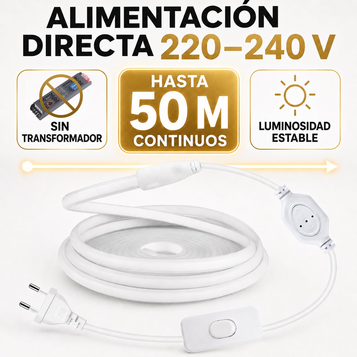 Tira LED COB 220V IP65 para Exterior, Impermeable y Cortable (3000K, 20M)