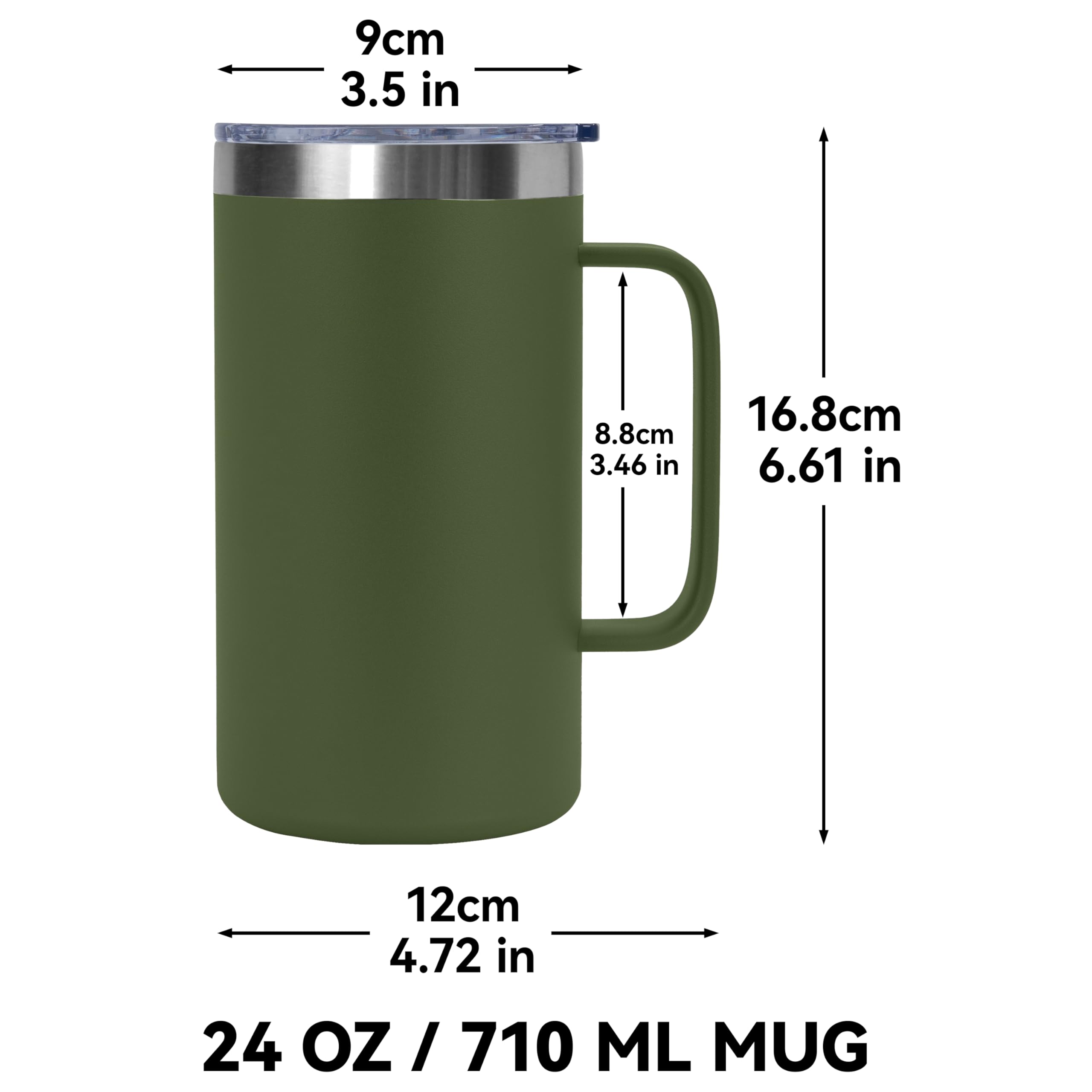 DOMICARE Taza de café de acero inoxidable de 24 onzas con asa y tapa, taza de viaje con asa, vaso de café al vacío de doble pared, taza aislada reutilizable, verde militar, paquete de 4