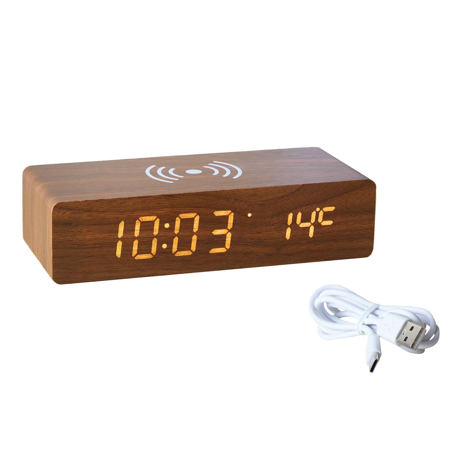 Coopers Of Stortford Brown - Wireless Charging Alarm Clock With Temperature Display - Touch To Wake, Auto Dimming And Triple Alarm - Usb Powered
