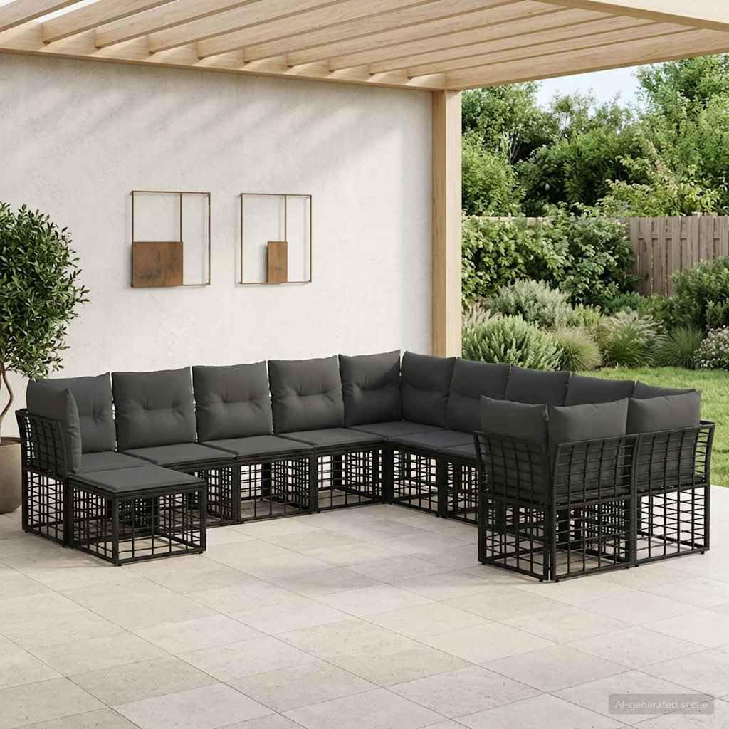 Ensemble de canapés d extérieur 11 pcs Noir et Gris foncé Poly Rattan modulable Salon terrasse Jardin, Coussins et assises, détente et Confort