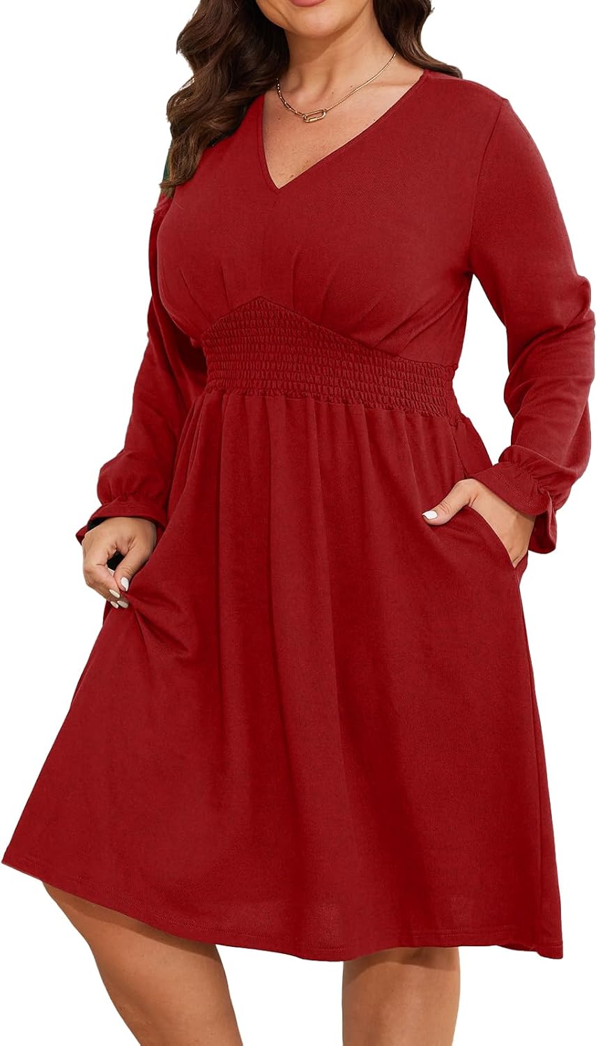 Women’s Plus Size Long Sleeve Fall Dress Casual V Neck Waist A Line Knee Length Winter Dresses with Pockets - Image 2