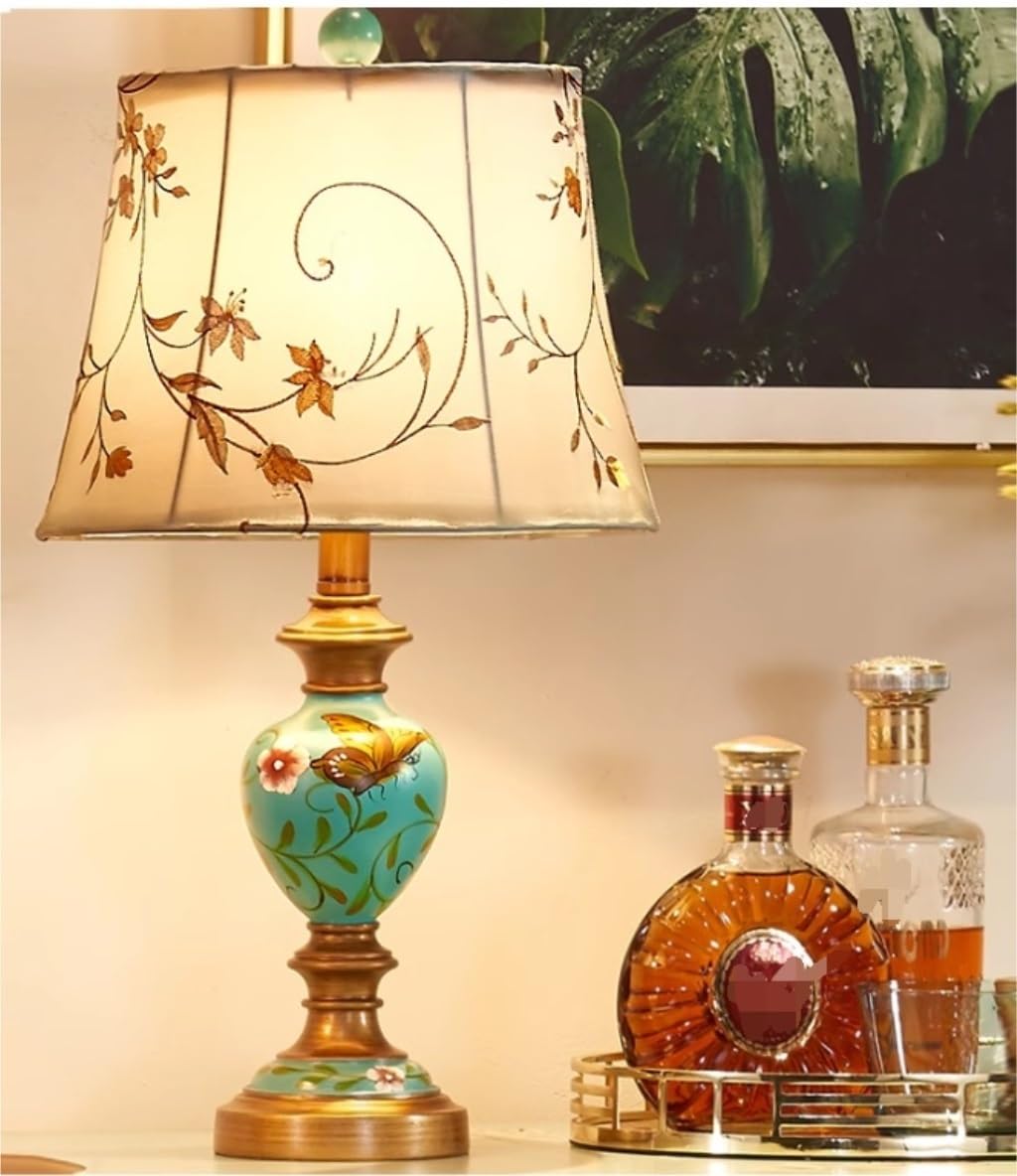 Lampada da Tavolo, Lampada da Comodino, Stile retrò, Paralume in Tessuto, per Soggiorno, Camera da Letto, Ferro, Resina, Comodino, scrivania (33 * 56 cm)