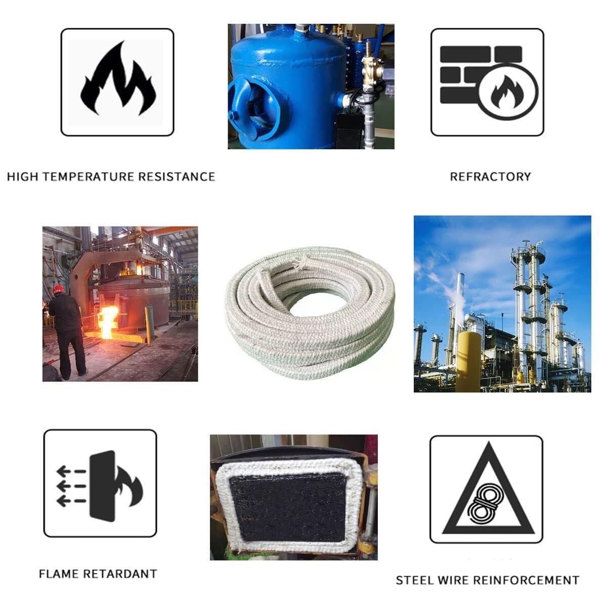 Filo di tenuta in fibra di ceramica intrecciata, quadrato, lunghezza 5 m, spessore 6-50 mm, resistente al calore, come guarnizione di ricambio per porte del radiatore, stufe | Diametro: 25 mm