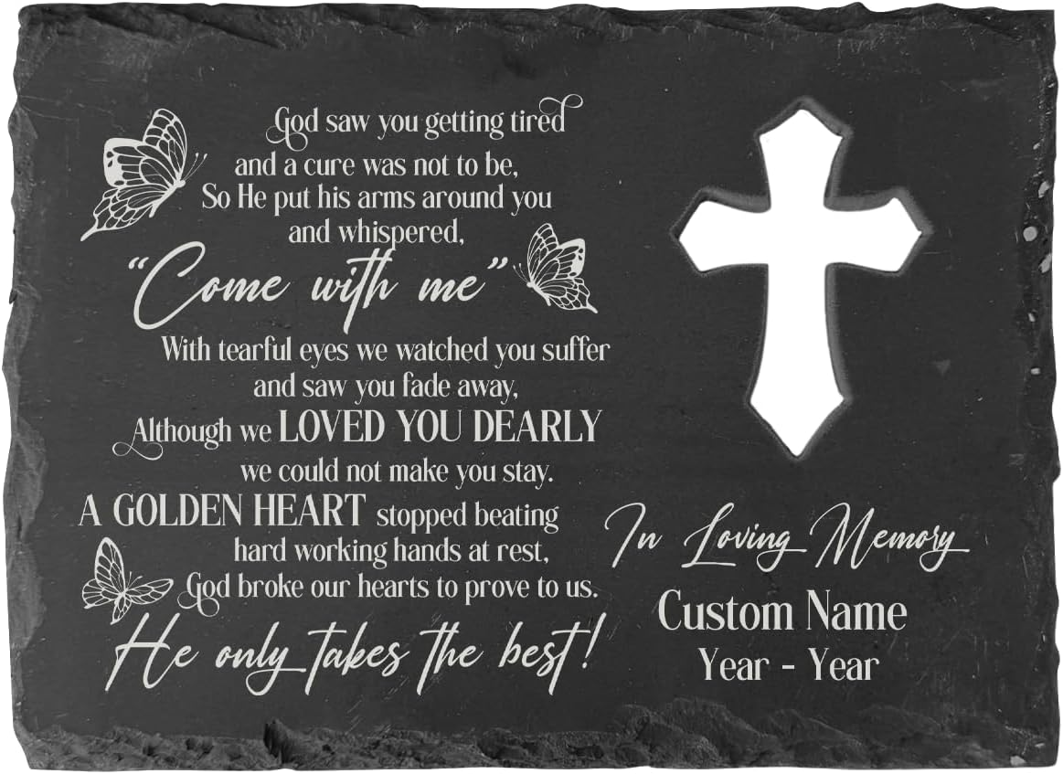 Custom Rectangle Slate Stone - God Saw You Getting Tired Symapthy Garden Stone Loss of Dad Mom Remembrance Cross Stepping Plaque Son Brother Memory