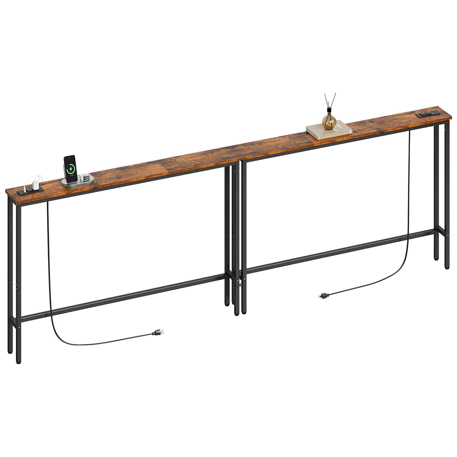 elyken 94.5" narrow console sofa table with power outlet, 5.9'' behind couch table with charging station, long entryway tables for living room, hallway, rustic brown