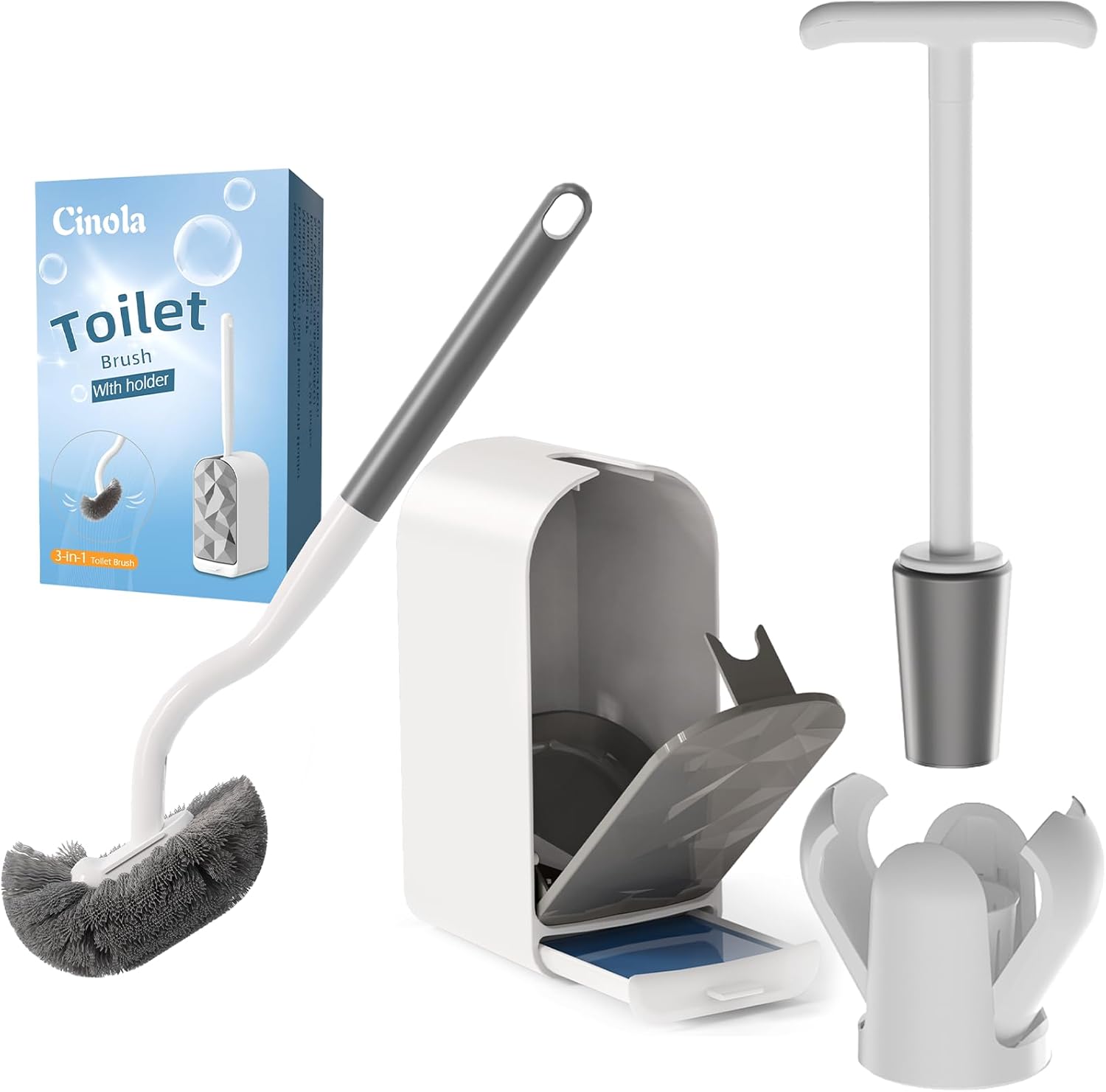 Toilet Plunger with Holder, Wall Mounted Toilet Bowl Plunger with Hideaway Caddy, Toilet Brush and Holder 1 Set