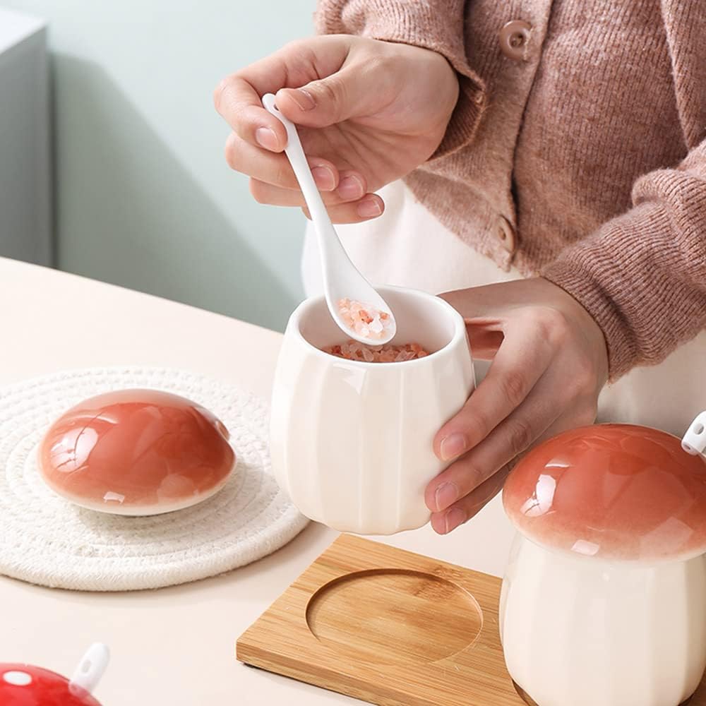 Ceramic Mushroom Shape Sugar Bowl Spice Jar Seasoning Pot with Lid Spoon