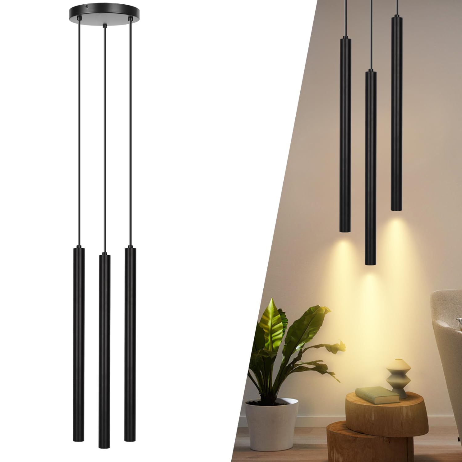 Aigostar Lámpara de techo negra Moderno， Lámpara Colgante cilíndrica de 50cm con 3 * 3.2W bombilla 2700K， Lámpara Colgante de Techo Foco Metal Tubo 3 luces