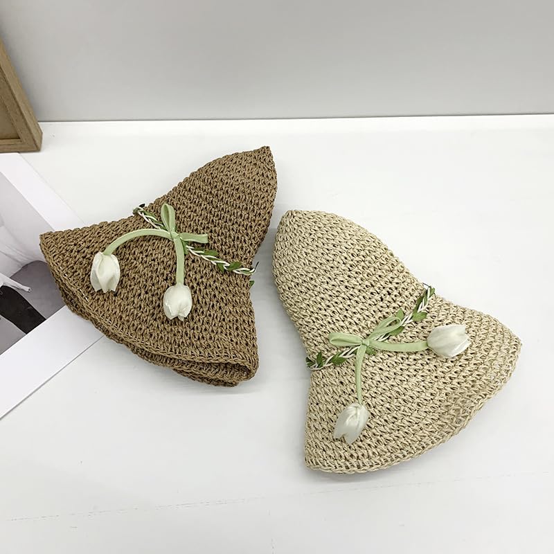 Sombrero de Paja de ala Ancha Transpirable de Verano para Mujer,Sombrero de Paja Tejido con Protección UV y Decoración de Tulipán,Sombrero de Playa Ligera para Jardín,Viajes y Exteriores