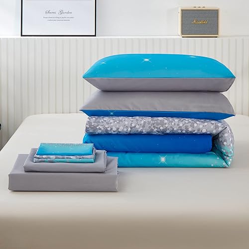 Miniatura 7 de inron Juego de ropa de cama de 4 piezas con degradado aguamarina para niñas, tamaño individual, con purpurina aguamarina para todas las estaciones,