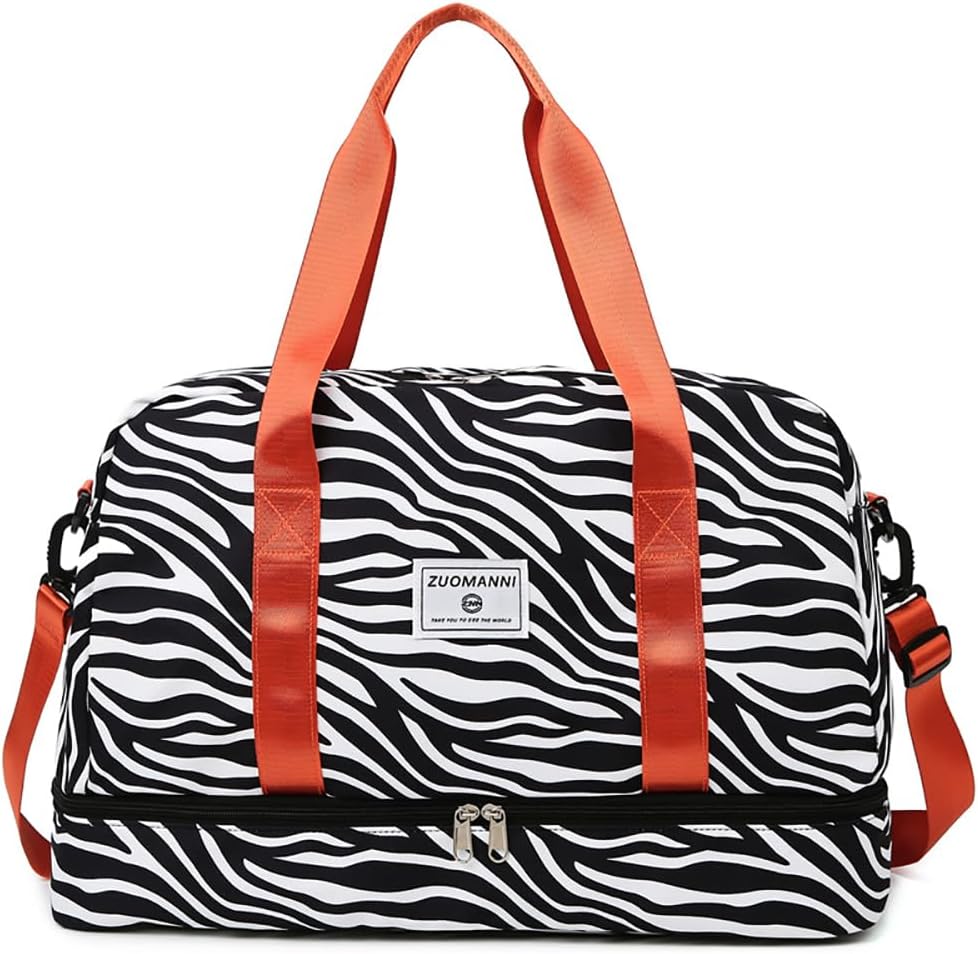 Vllcsla Sac de Sport Femme Grand 42.43L, Sac de Voyage Léopard Bagage à Main Léger avec Compartiment Chaussures, Poche Humide, Sac de Sport Imperméable Yoga Femme, Weekend, Gym, Voyage, Noir, Orange