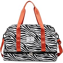 Gym Bag Women 42.43 L Large Capacity, with Wet Pocket & Shoes Compartment, Travel Duffel Weekender Womens, Carry on Overnight Totes Waterproof, Lightweight, Zebra Print, Black White Orange