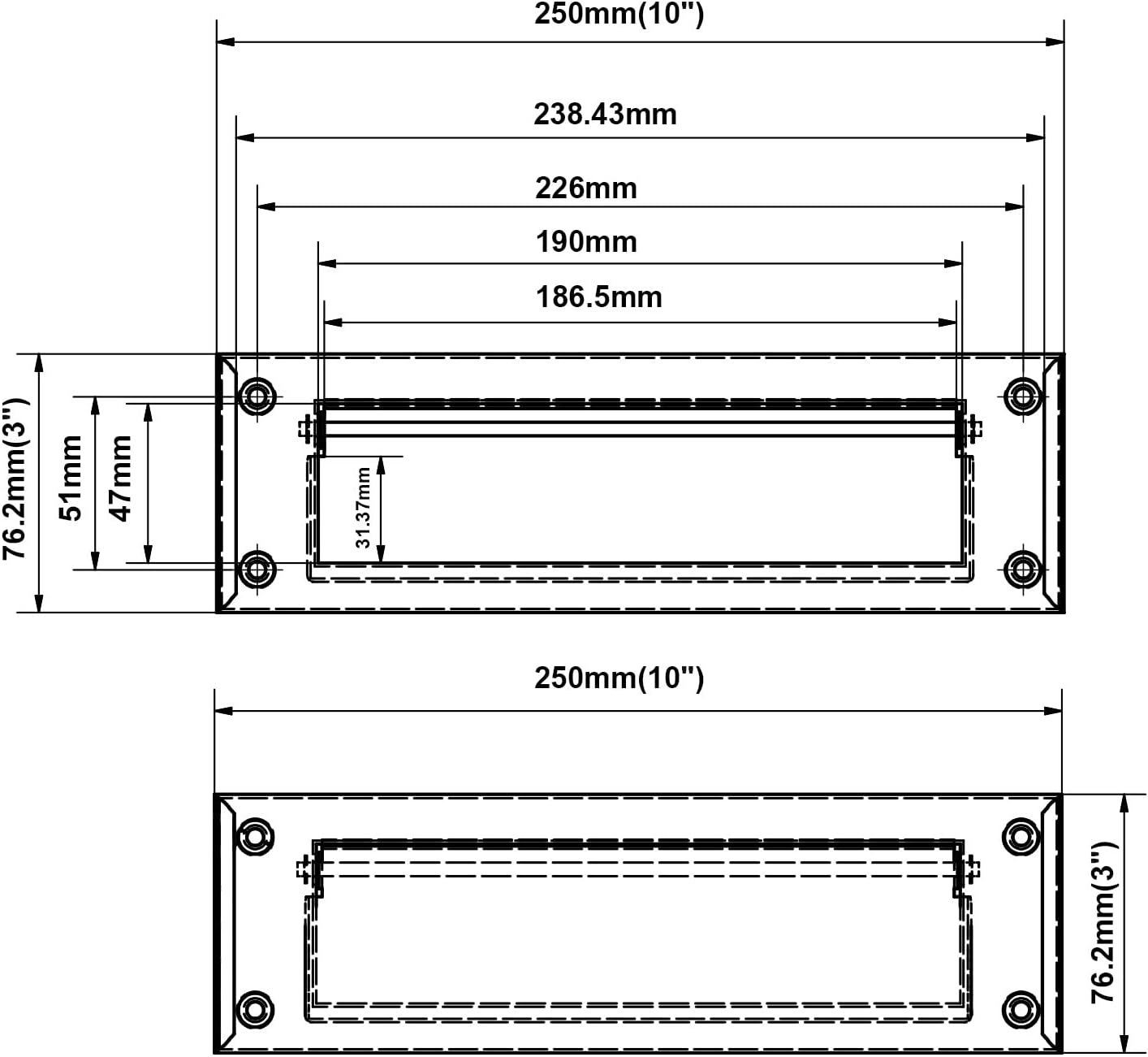 QCAA Solid Brass Mail Slot, with Solid Brass Interior Back Plate, 10" x 3", Polished Brass, 1 Pack, Made in Taiwan