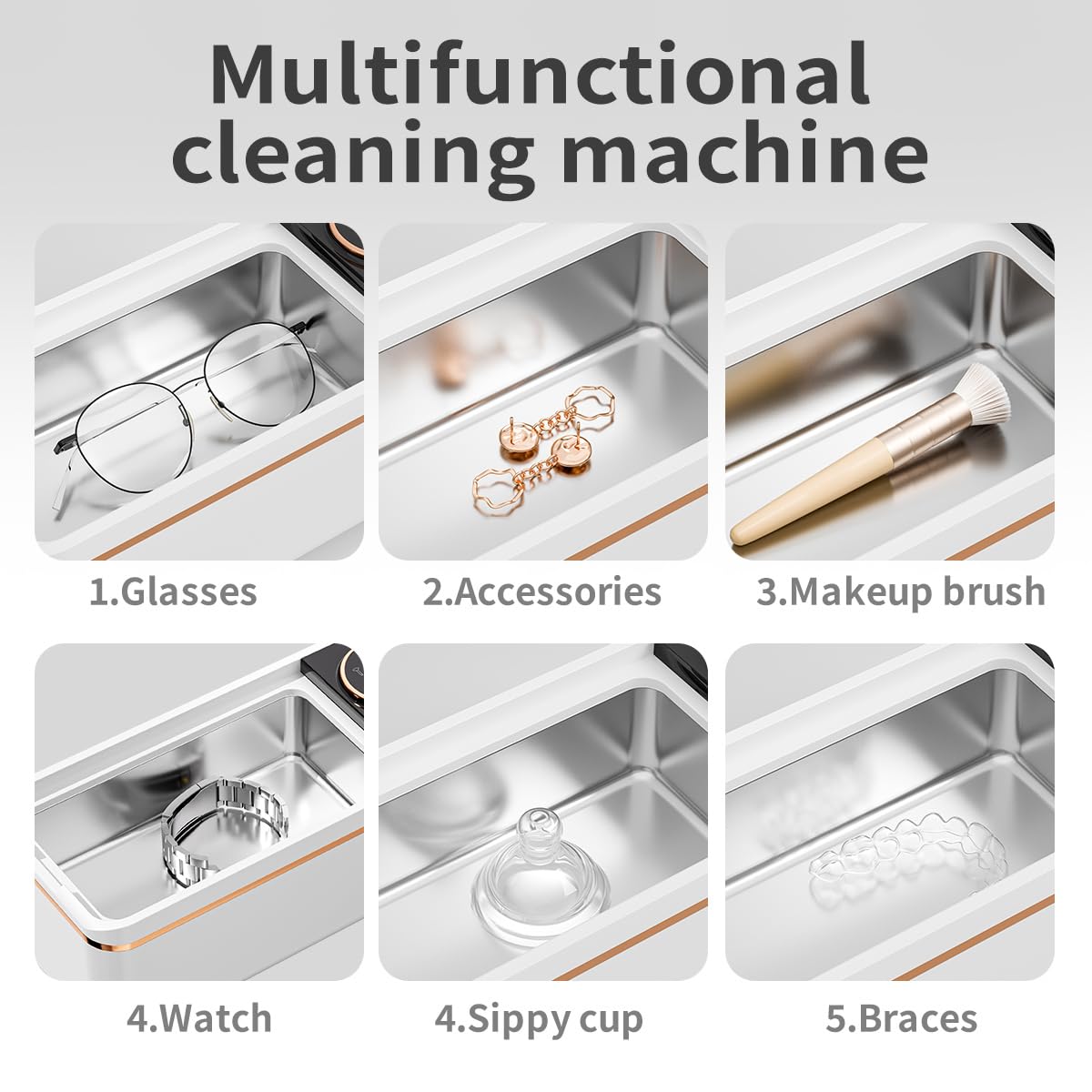 Ultrasonic Jewelry Cleaner, 48KHz Professional Ultrasonic Cleaner for Eyeglasses, Rings, Retainers, Dentures, Jewelry Cleaner Ultrasonic Machine with 6 Timer Modes & 304 Stainless Steel Tank (White)