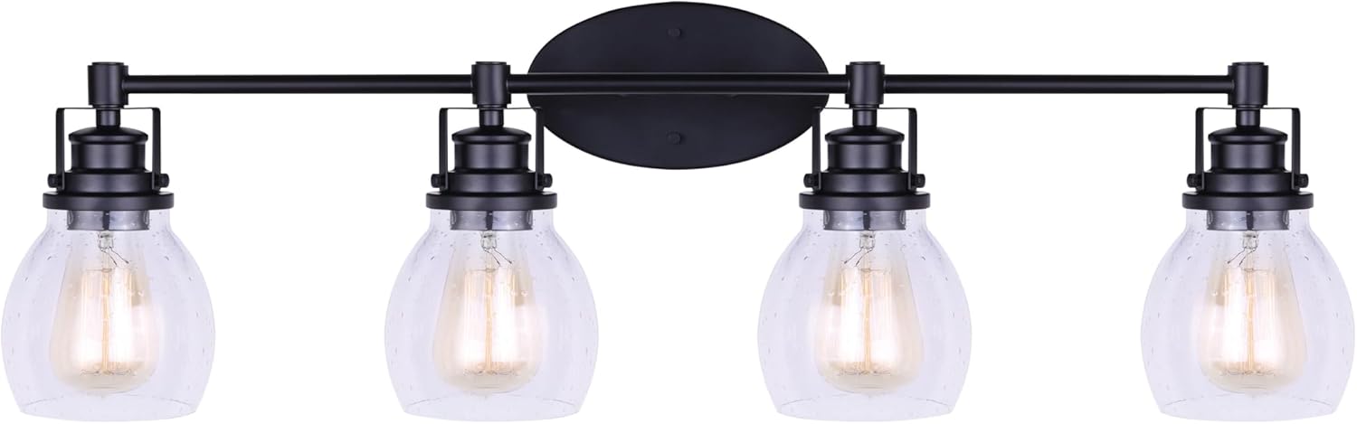 'Canarm Carson 4 Vanity Light in Matte Black with Seeded Glass - Easy Connect'