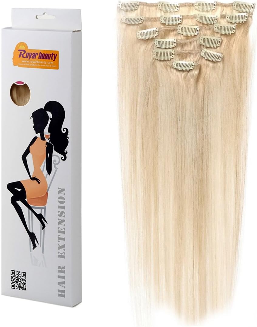 Royar Beauty Platinum Blonde Hair Extensions Real Clip in Full Head Hair Extentions(20inch,125g)