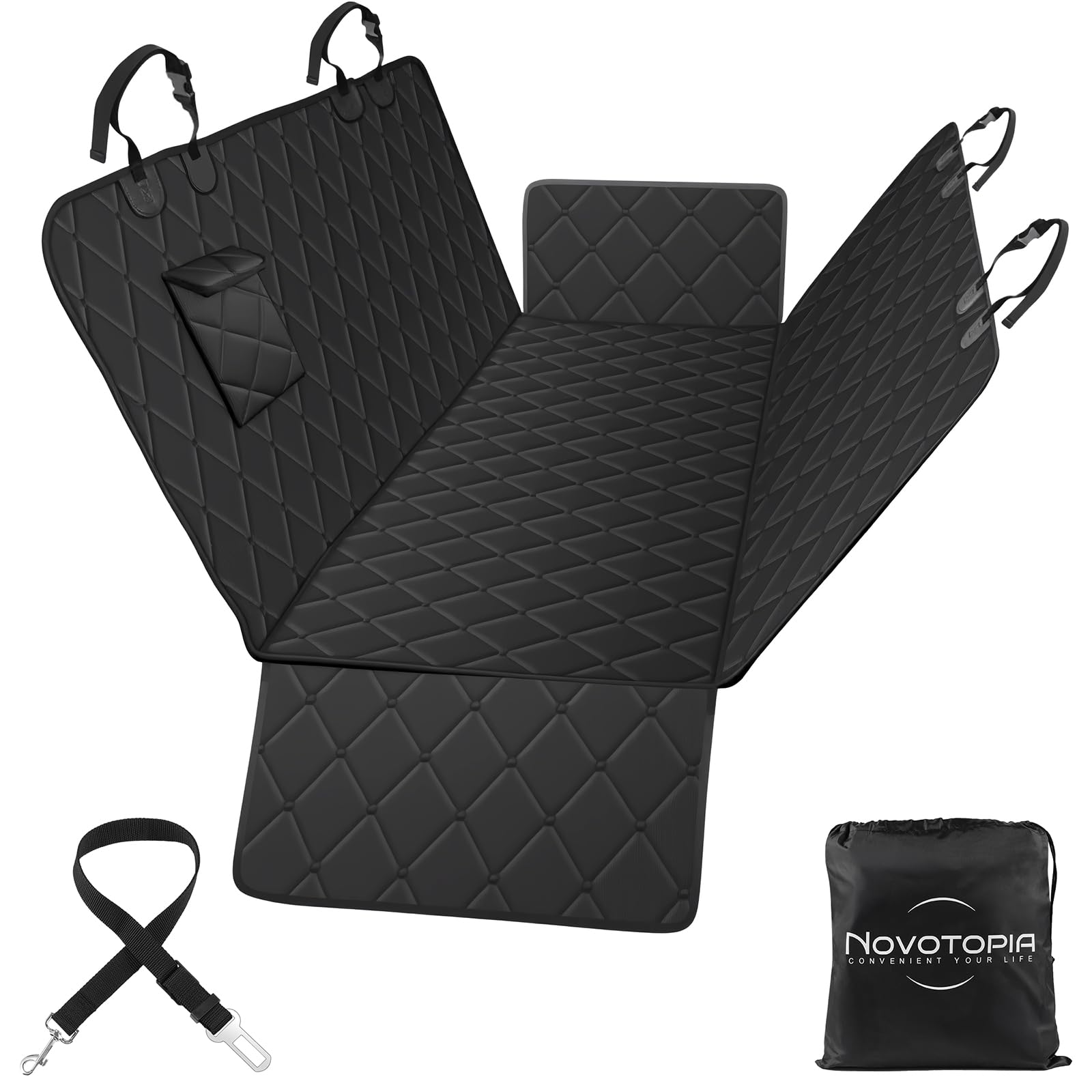 Novotopia Dog Car Seat Cover for Back Seat 100% Waterproof, Long-Lasting and Soft Nonslip Backseat Dog Cover for Cars, SUVs and Trucks (Black,