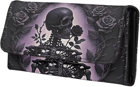 Skeleton Roses Long Wallet for Women Gothic Leather Trifold Slim Clutch Wallets with ID Window, Purple Black Billfold Purse Credit Card Holder