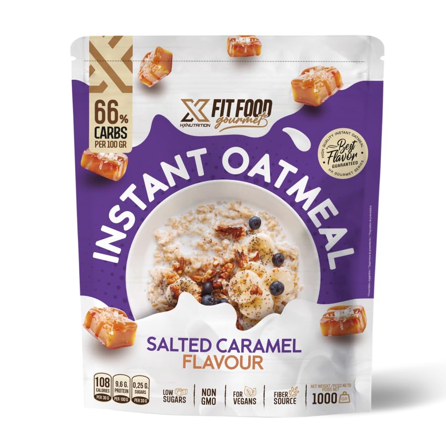 Hx Nature Instant Oatmeal 1 KG | Sabor CARAMELO SALADO | Harina de Avena Instantánea 100% Natural, Baja en Azúcares, Fuente de Fibra, Apta para Veganos