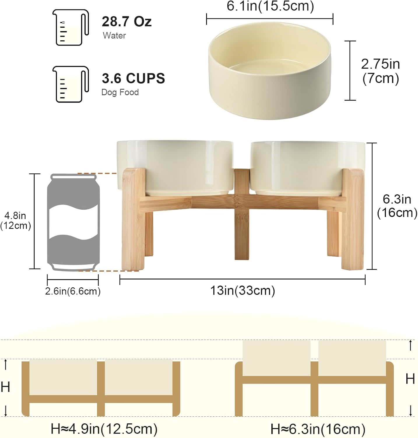 SPUNKYJUNKY Elevated Dog Bowls Ceramic, 6.1'' Dogs and Cat Food Water Bowls Raised with Non-Slip Bamboo Stand for Medium Sized Breed Microwave Dishwasher Safe - 28.7 OZ,Beige - Image 2