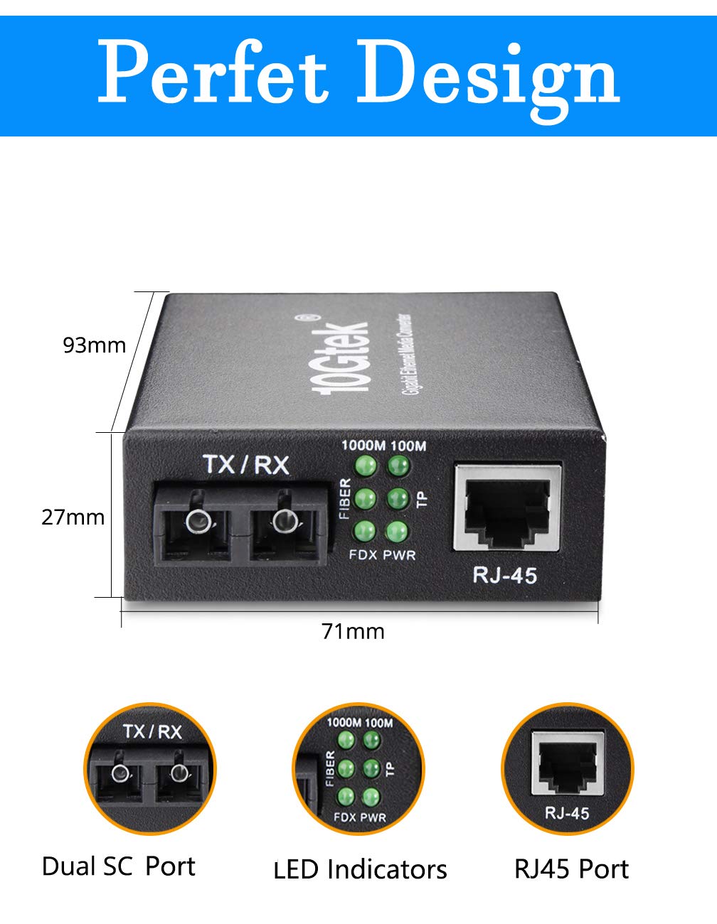 Gigabit Ethernet to Fiber Media Converter 10/100/1000M Single-Mode Dual Fiber SC to RJ45, up to 20km