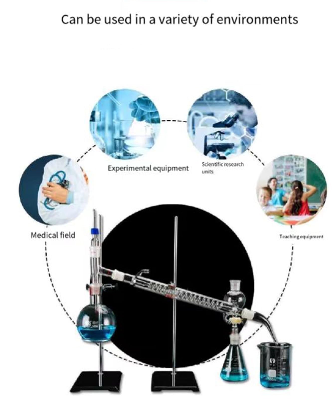 Kit de aparato de destilación, destilador de aceites esenciales, enseñanza de ciencias industriales en el hogar, equipo de destilación de vapor al vacío, cristalería y agua