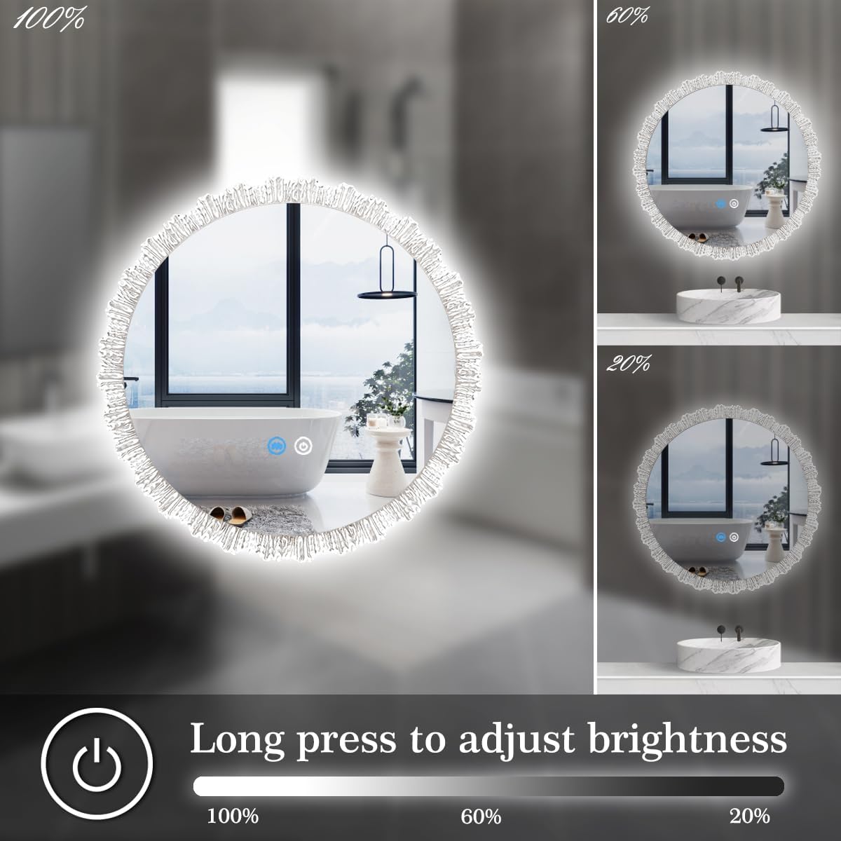 24 Inch Wave Crystal Round Mirror with Lights 3 Color Adjustable Backlight AntiFog 24 Backlit Round Lighted Vanity Mirror for Bathroom Bedroom Wall Crystal LED Backlit Circle Rounds Mirrors