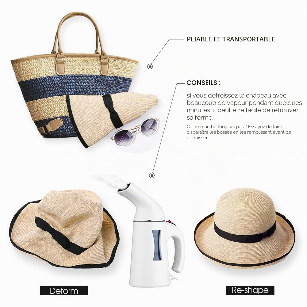 Comhats Chapeau de paille à large bord pour femme, chapeau d’été pliable avec nœud papillon pour la plage, convient pour queue de cheval, UPF 50