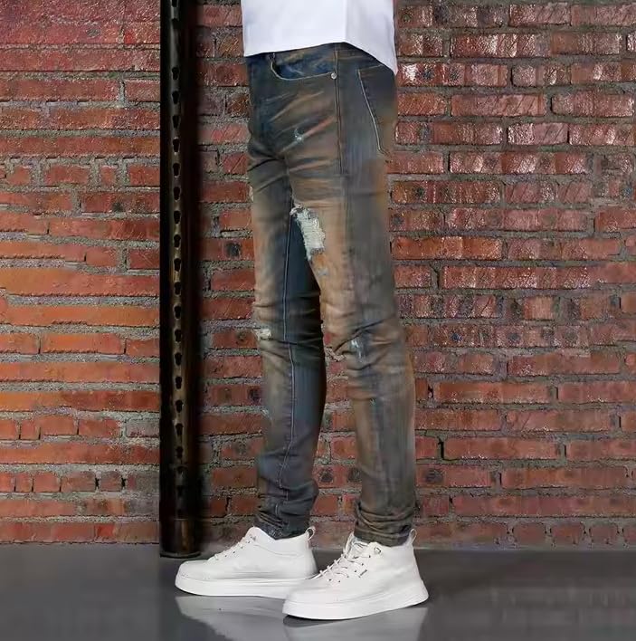 Men's Slim-fit Mid-Rise Denim Jeans with Tie-dye and Holey Design, Hip-hop Streetwear Men's Jeans3