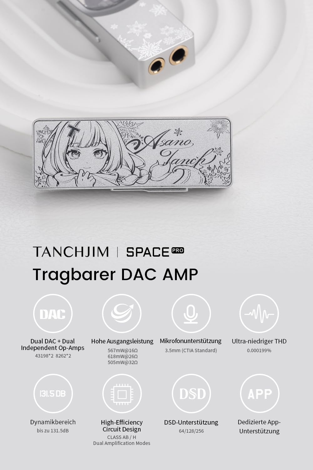 TANCHJIM SPACE PRO Kopfhörerverstärker, Dual DS43198 DAC unabhängiger Op-AMP für Gaming/Audio, PCM32bit/768KHz DSD256 Hochleistungs-Portable-Decoder mit Mic & Virtual 5.1/7.1, 3.5/4.4mm Ausgang