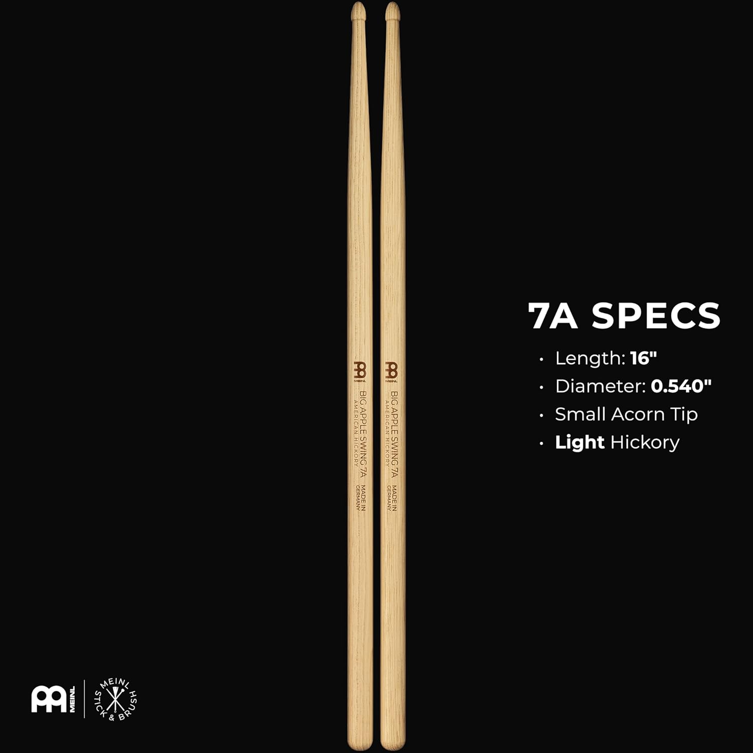 Meinl Stick & Brush Drumsticks, Big Apple Swing 7A Half Brick – Hickory Wood Drum Sticks with Small Acorn Tip – Live, Practice, Drum Kits, Percussion – MADE IN GERMANY