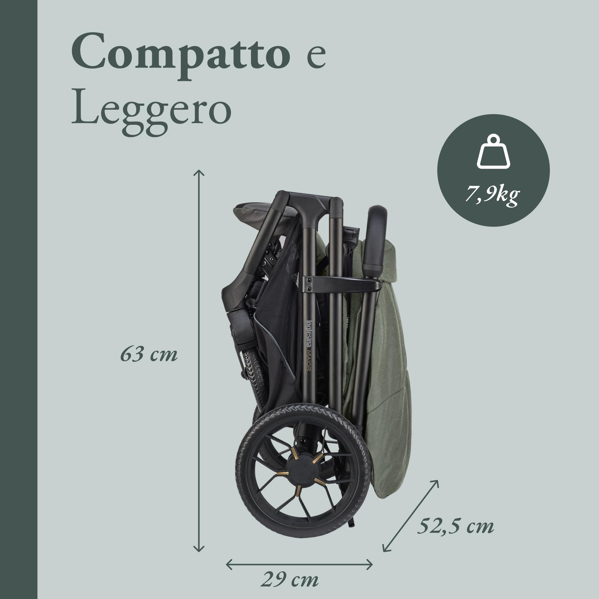 Inglesina Maior Passeggino Compatto 7,9 kg, Ruote Grandi Ammortizzate, Seduta Ampia All Season, UPF 50+, fino a 22 kg, Taiga Green