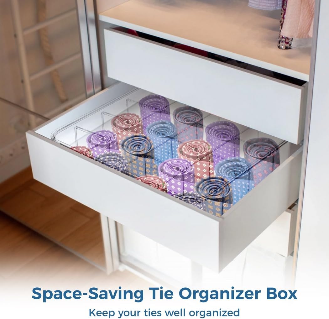 16-Cell Tie Organizer Box, Clear Tie Rack Organizer, Stackable Tie Display Rack with Lid, Drawer Closet Storage Bin for Ties Socks Bras Underwear