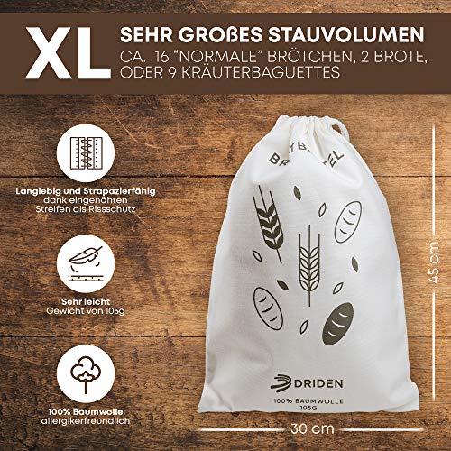 Foto von DRIDEN Brotbeutel XL [3er Set] 100% Natur Baumwolle - Brotsack für frische Brötchen & Großeinkäufe - Hohe Robustheit durch integrierten Rissschutz