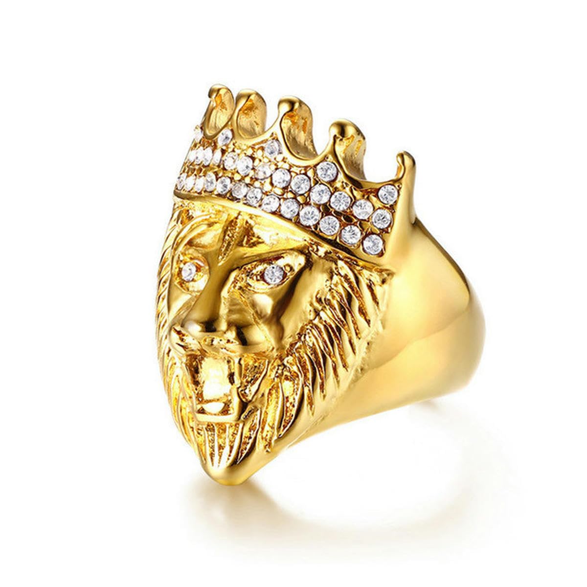 HokechColor Dorado Clásico 316L Acero Inoxidable Hombre Punk Hip Hop Anillo Cool Cabeza de León Anillo Anillo De Oro Joyería