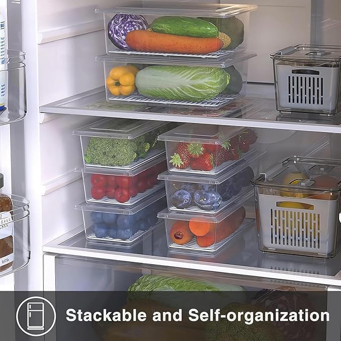 Image of Qshare Fridge Storage Containers - Storage Box for kitchen with Removable Drain Plate, Fridge Organiser Storage Container, kitchen storage box Keep for Fruits, Vegetables, Fish, Meat (1500ml) (12)