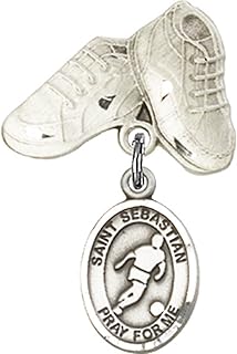 Sterling Silver Baby Badge with St. Sebastian/Soccer Charm and Baby Boots Pin 1 X 5/8 inches