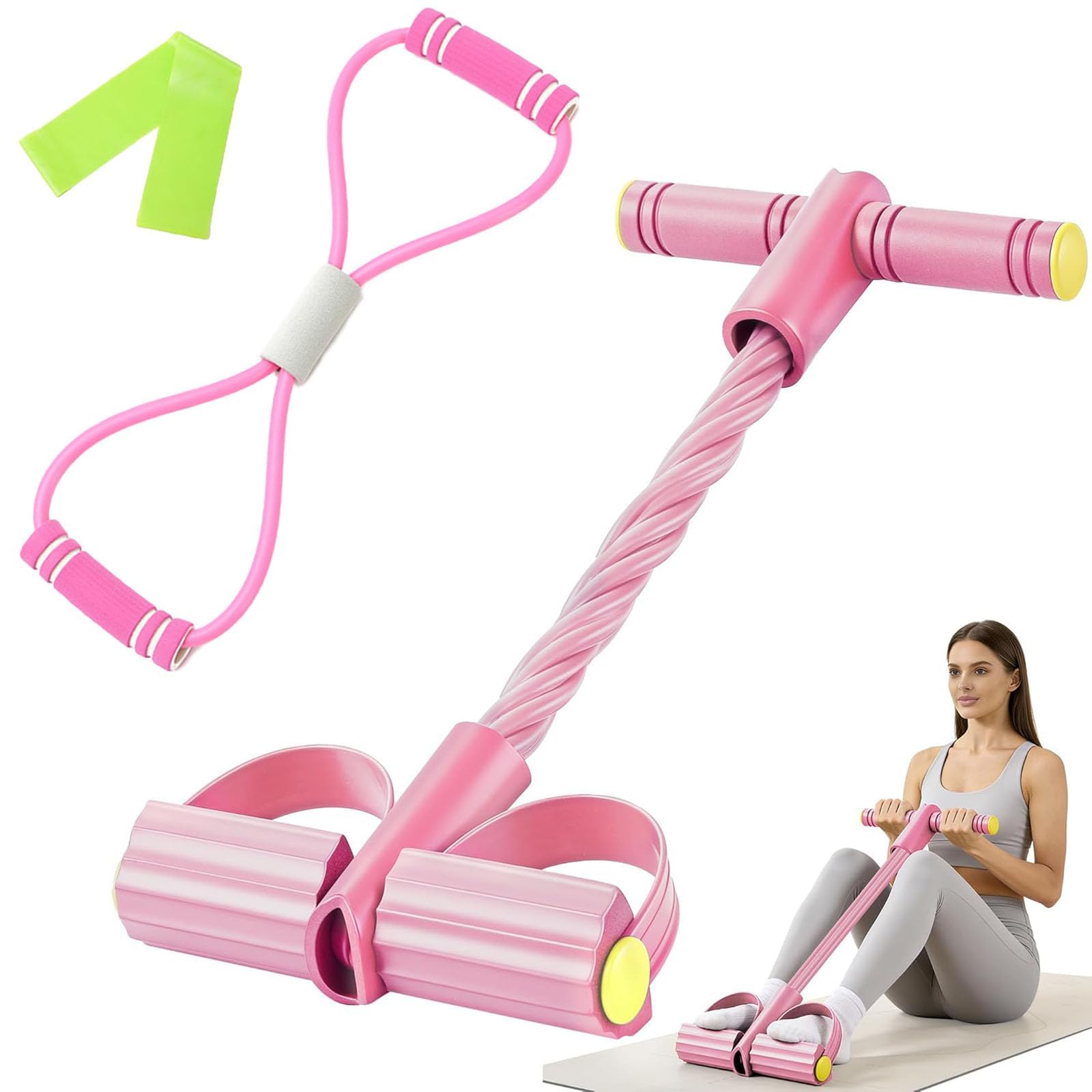 3-Piece Abdominal Trainer Set, 6-Tube Pedal Resistance Bands with Handle, Seated Training Equipment and Figure-8 Stretch Band, Sit Up Exercise Equipment for Home Workouts