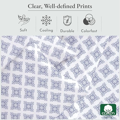 Image of California Design Den Queen Bed Sheet Set, 100% Cotton Sateen Printed Pattern, Deep Pocket Queen Sheets & Pillowcase Set - Filigree