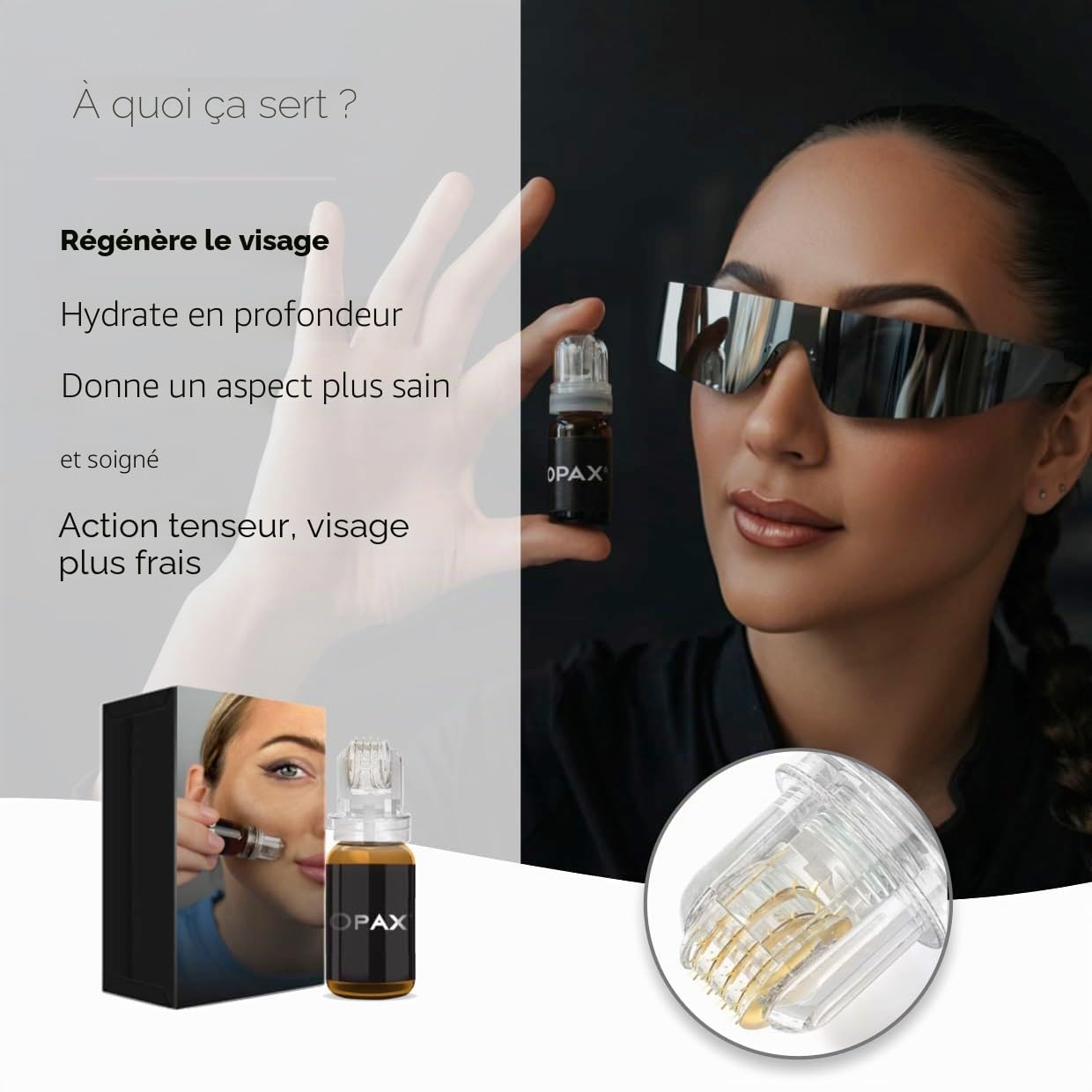 Opax Dermaroller 0,25 mm pour microneedling visage – Soin de la peau – Sérum 10 ml à l’acide hyaluronique, Coenzyme Q10, Collagène et Élastine – Fabriqué en Italie