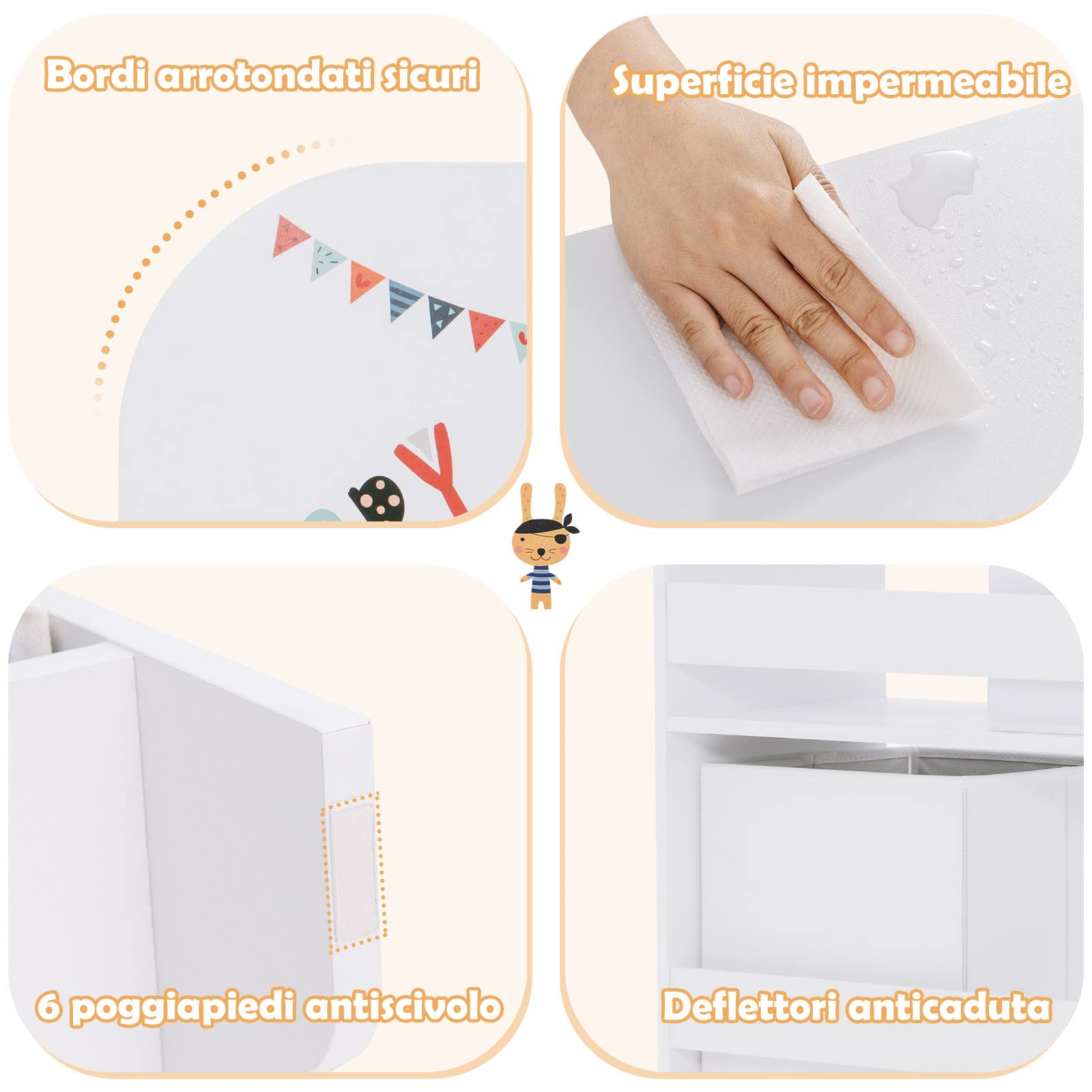 COSTWAY Armadio per Bambini, Scaffale di Legno con 3 Livelli e 5 Scompartimenti, 2 Cassetti in Tessuto e 3 Spazi per Giocattoli e Libri, Scaffale Verticale per Bambini, Bianco (Pirata Animale)