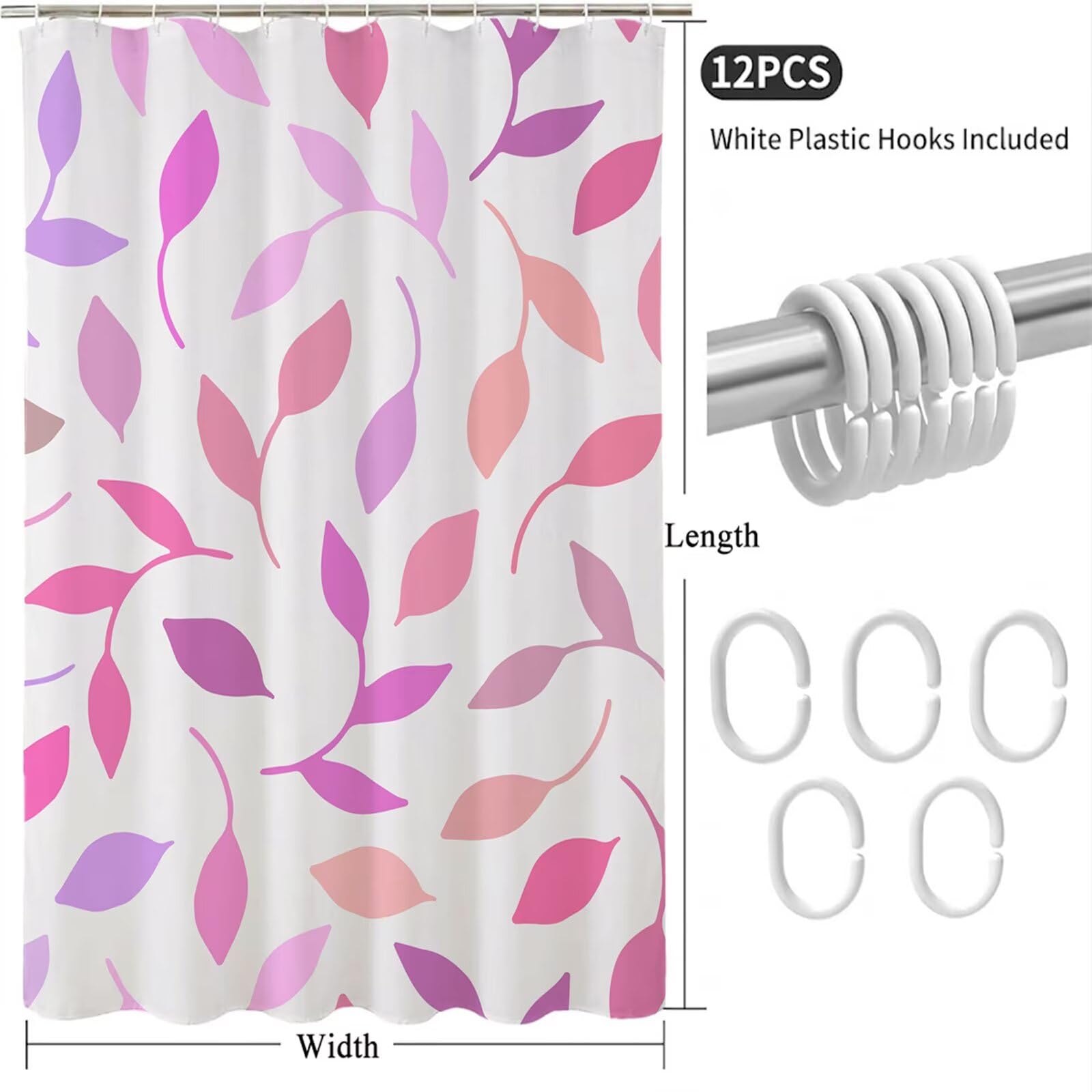 Rideau de Douche 240x180 cm - Tissu Polyester Imperméable Anti-Moisissure - 12 Anneaux Inclus - Ourlet Lesté pour Stabilité - Lavable en Machine - Idéal de Baignoire et Douche - Rose & Feuille Y1#520