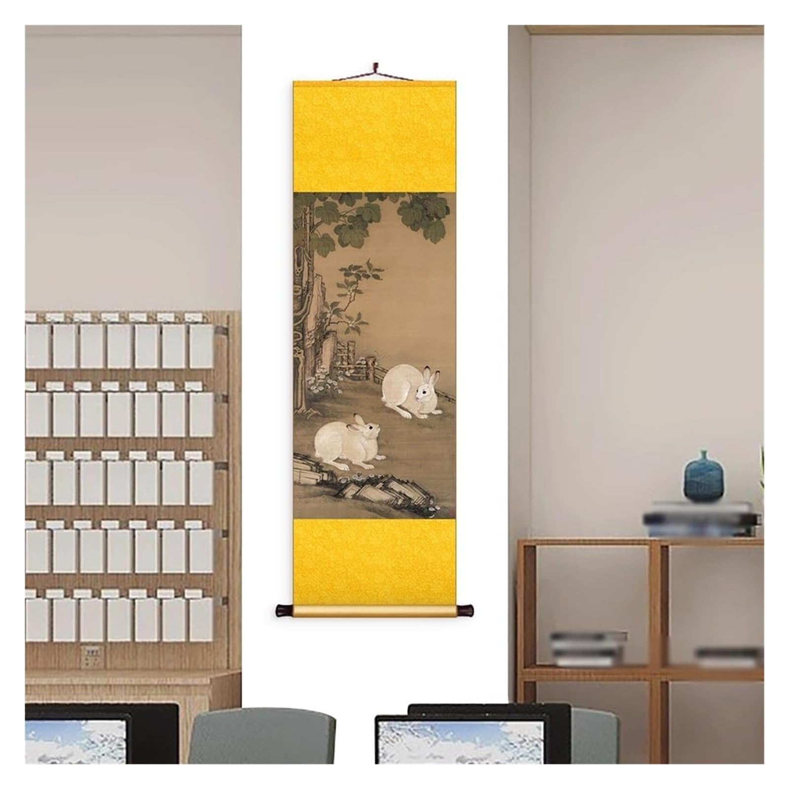 Malowidło z motywem królików bliźniaczych Wutong, klasyczna sztuka jedwabna, dekoracja ścienna korytarza, prezent urodzinowy(Yellow,50L x 158W cm)