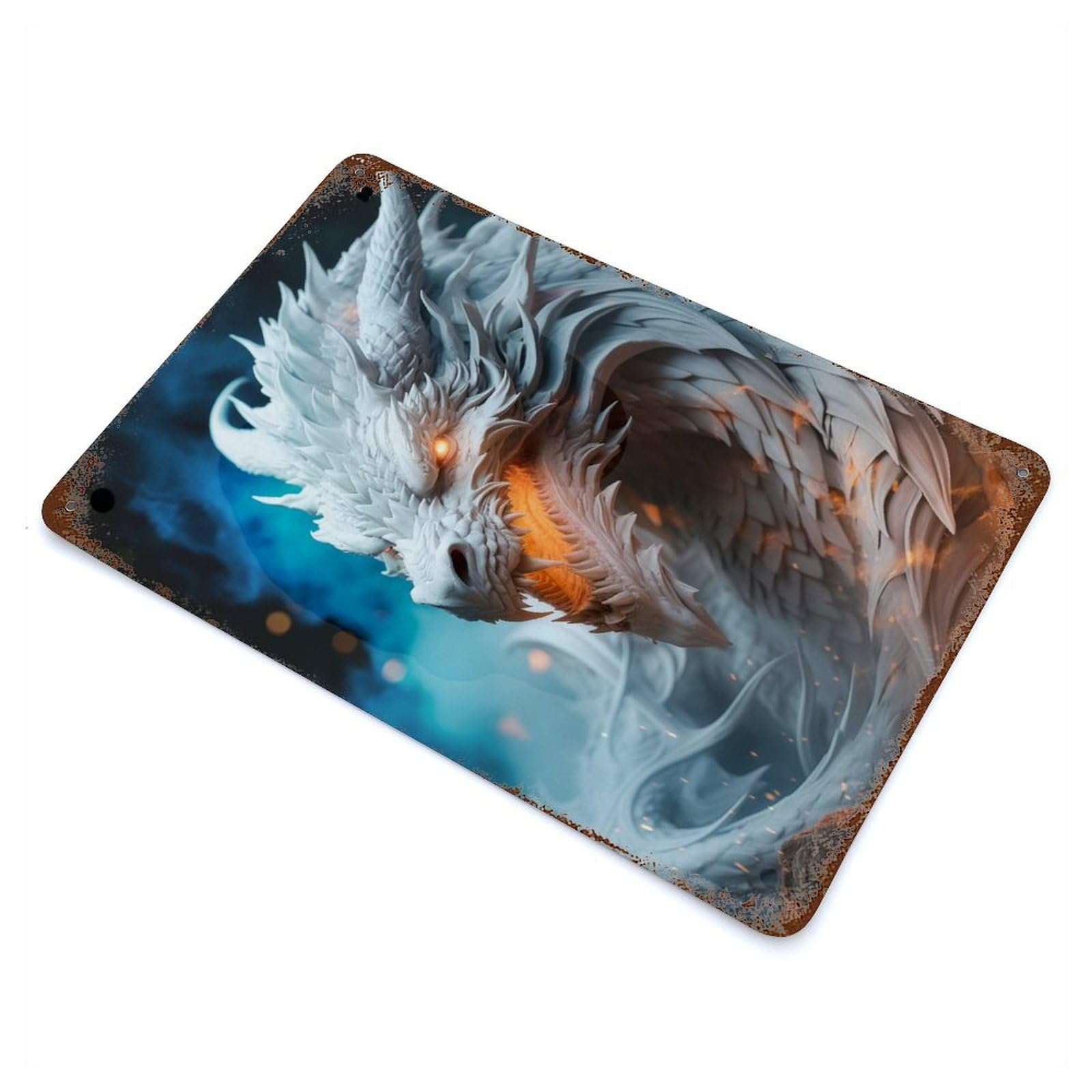 White Dragon Vintage Wall Sign 11.8"x7.9", Rust Effect Metal Decor for Farmhouse, Kitchen And Entryway Decor