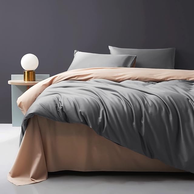 Jemiipee Satin Duvet Cover Set Reversible Double Size Luxury Silk Like Soft Summer Bed Bedding Sets Solid Color Quilt Covers with Zipper Closure and Pillowcases Grey Khaki