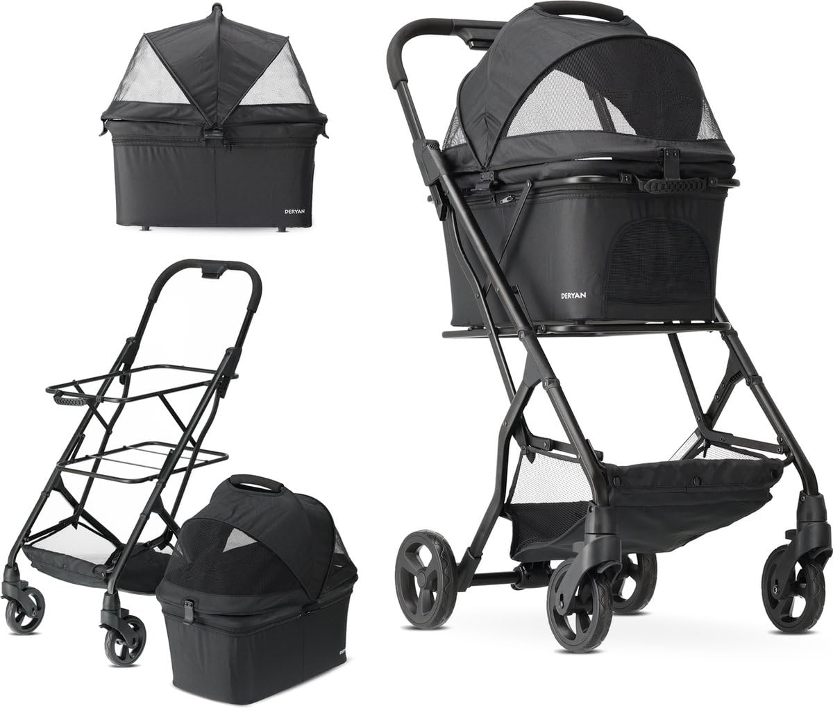 Deryan Luxus-Klappbarer Hundewagen, Katzenbuggy – Haustier-Kinderwagen – Bis zu 18 kg – Schwarz